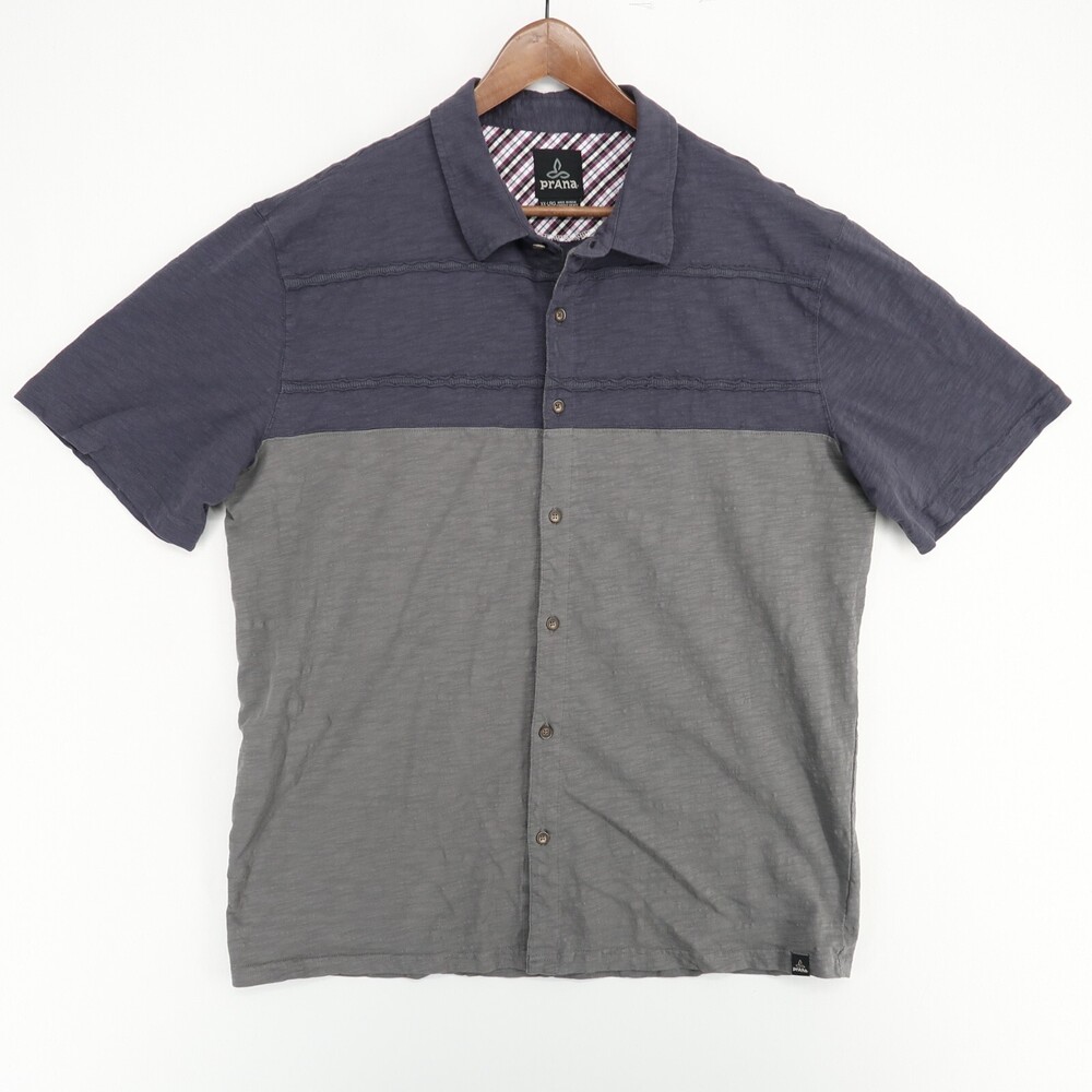 Prana Keylyn Shirt Mens XXL Gray Colorblock Organic Cotton Short Sleeve Button
